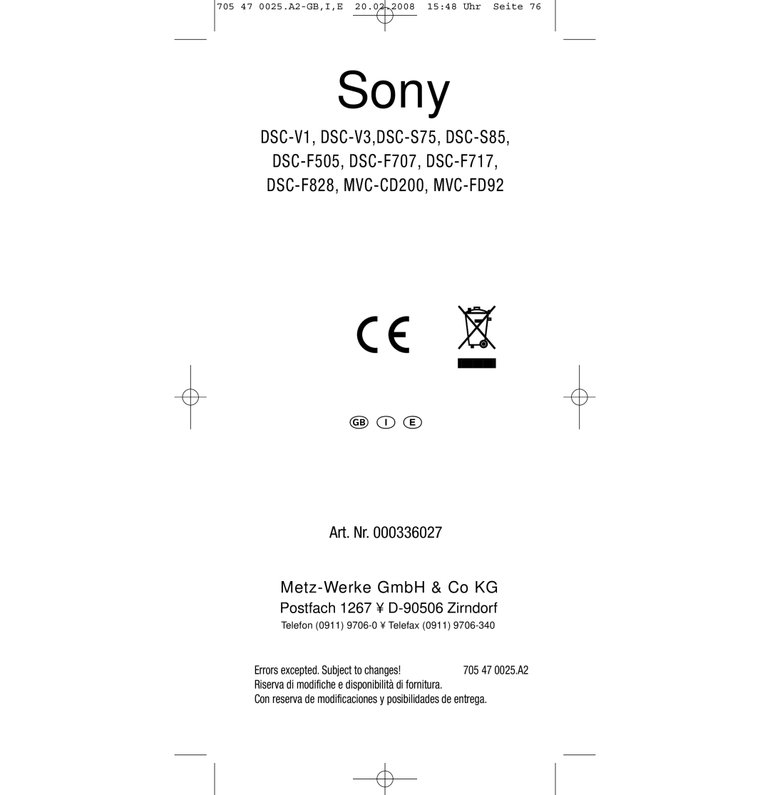 Sony Ericsson SCA 3602 M4 manual Sony, Art. Nr Metz-Werke GmbH & Co KG 