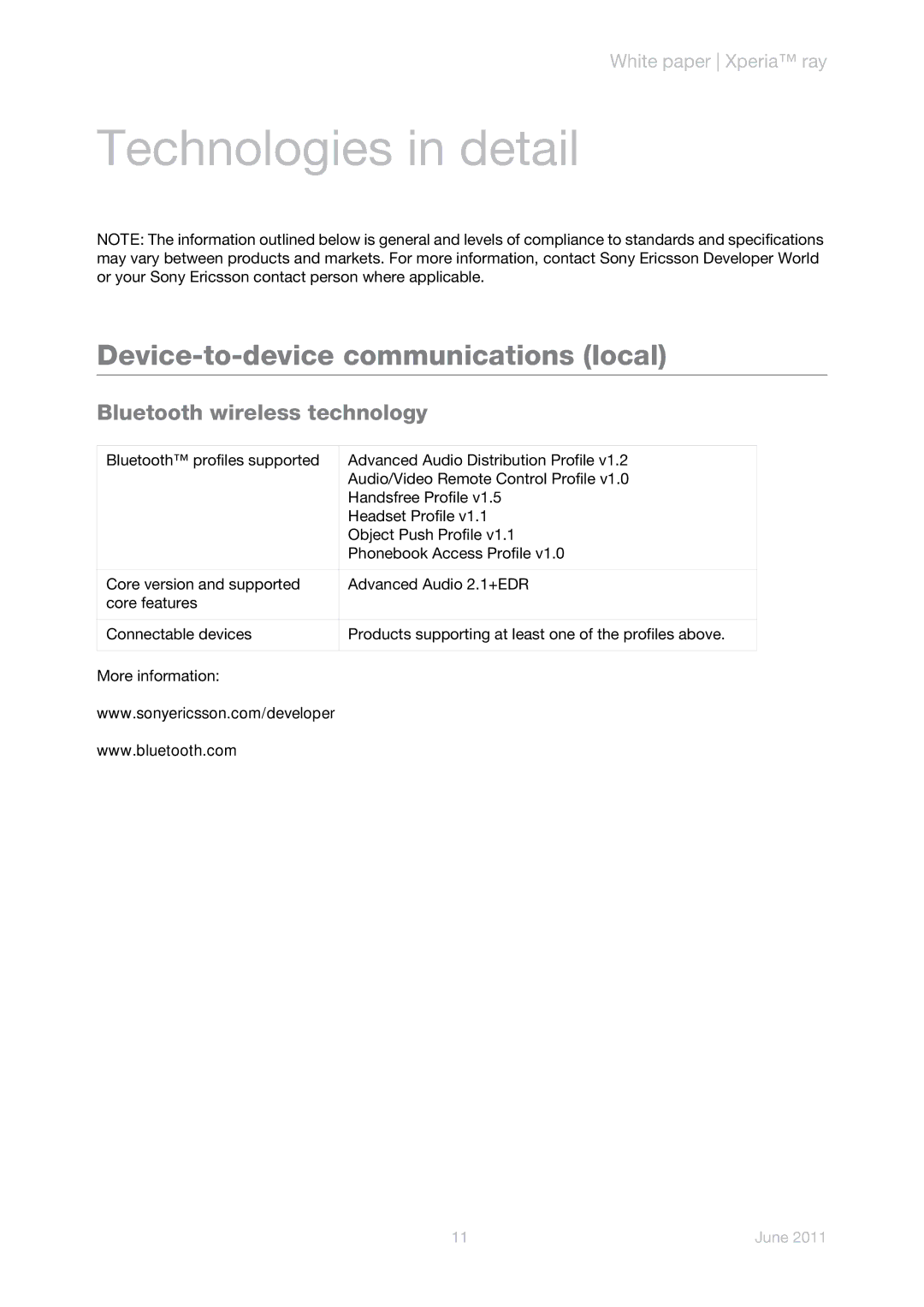 Sony Ericsson ST18a manual Device-to-device communications local, Bluetooth wireless technology 