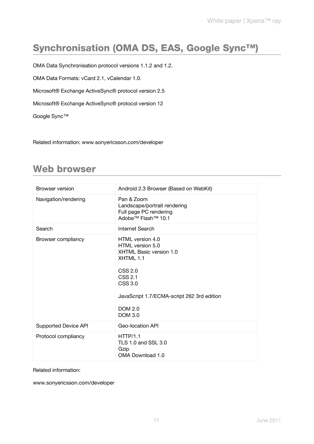 Sony Ericsson ST18a manual Synchronisation OMA DS, EAS, Google Sync, Web browser, Xhtml 