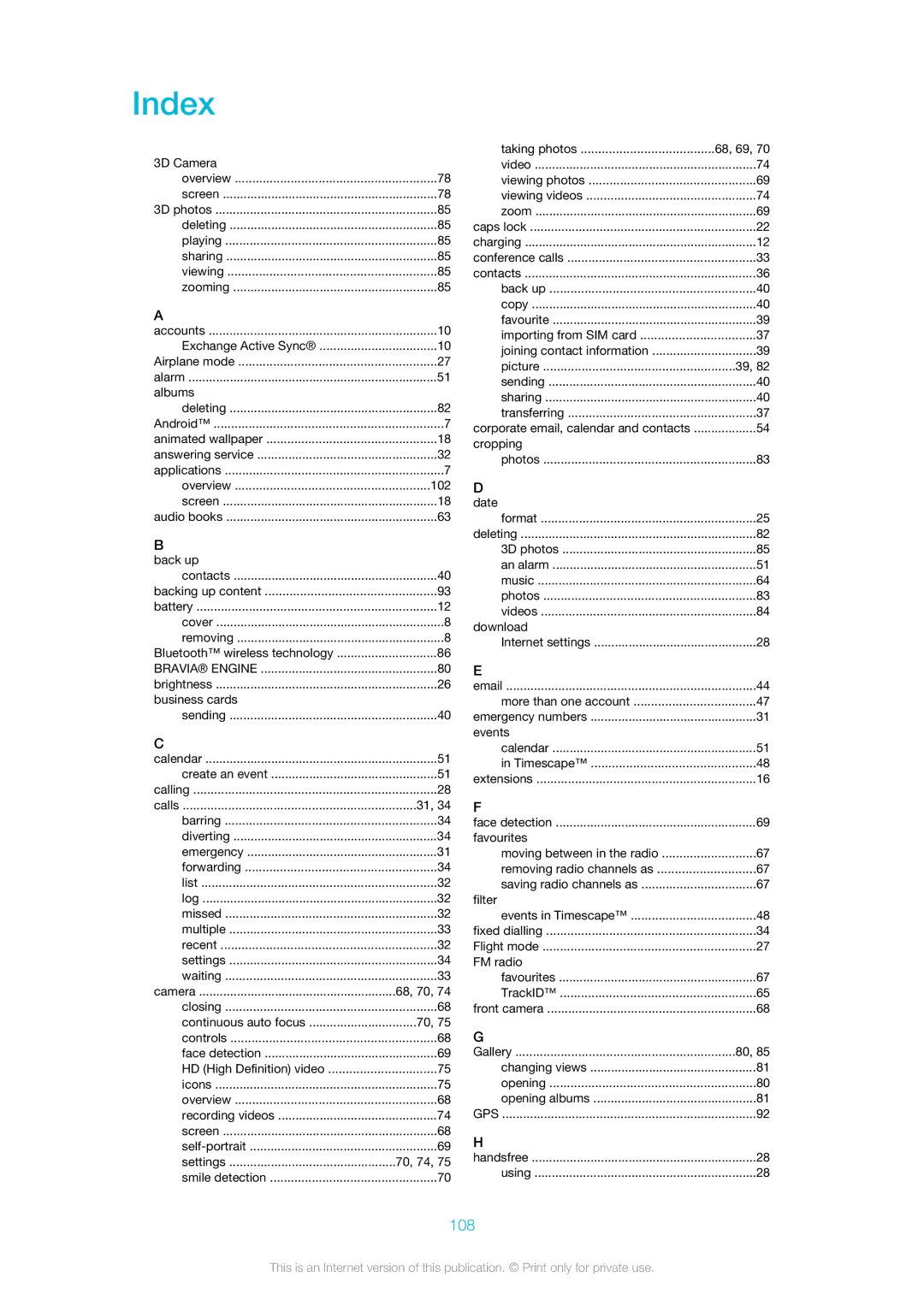 Sony Ericsson ST18i manual Index, 108 