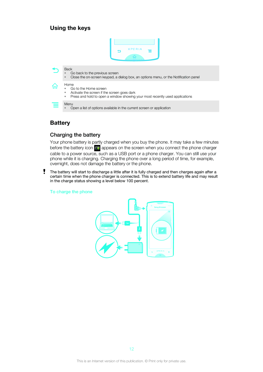 Sony Ericsson ST18i manual Using the keys, Battery, Charging the battery, To charge the phone 