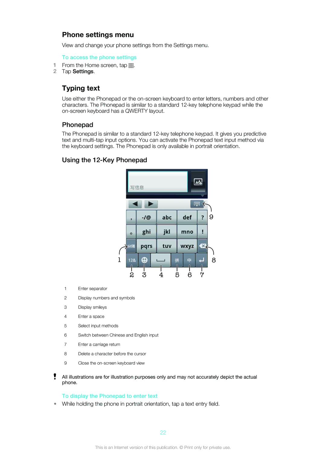 Sony Ericsson ST18i manual Phone settings menu, Typing text, Using the 12-Key Phonepad 4 5 6 