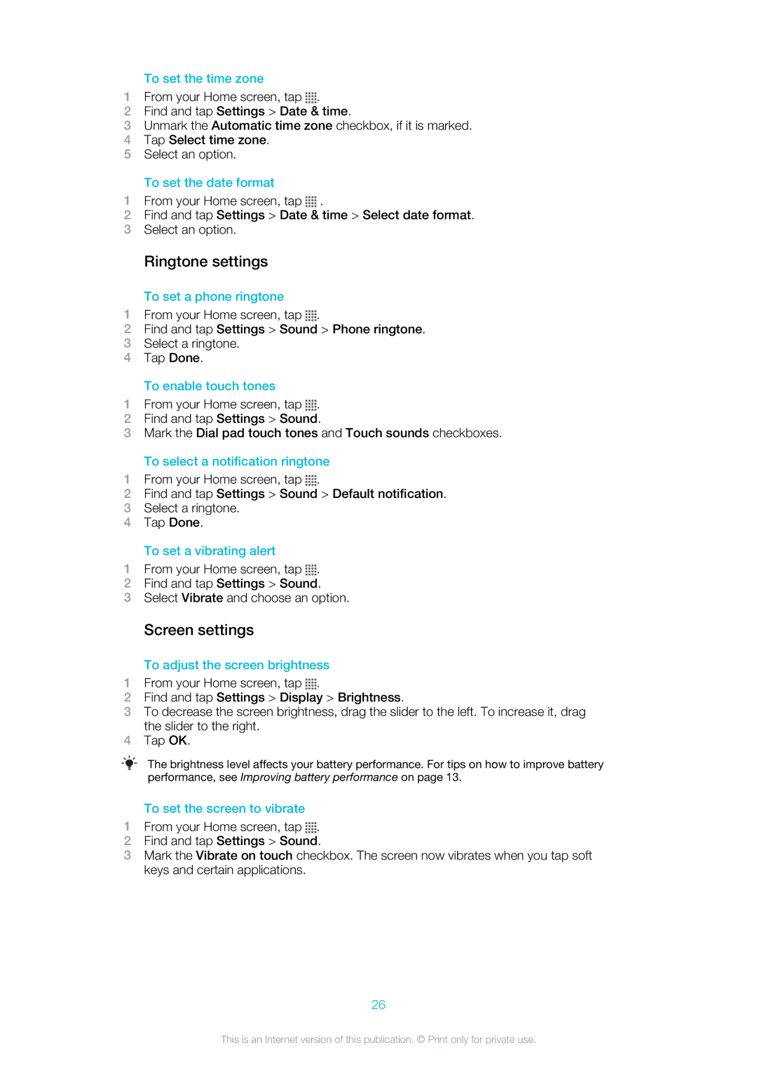 Sony Ericsson ST18i manual Ringtone settings, Screen settings 