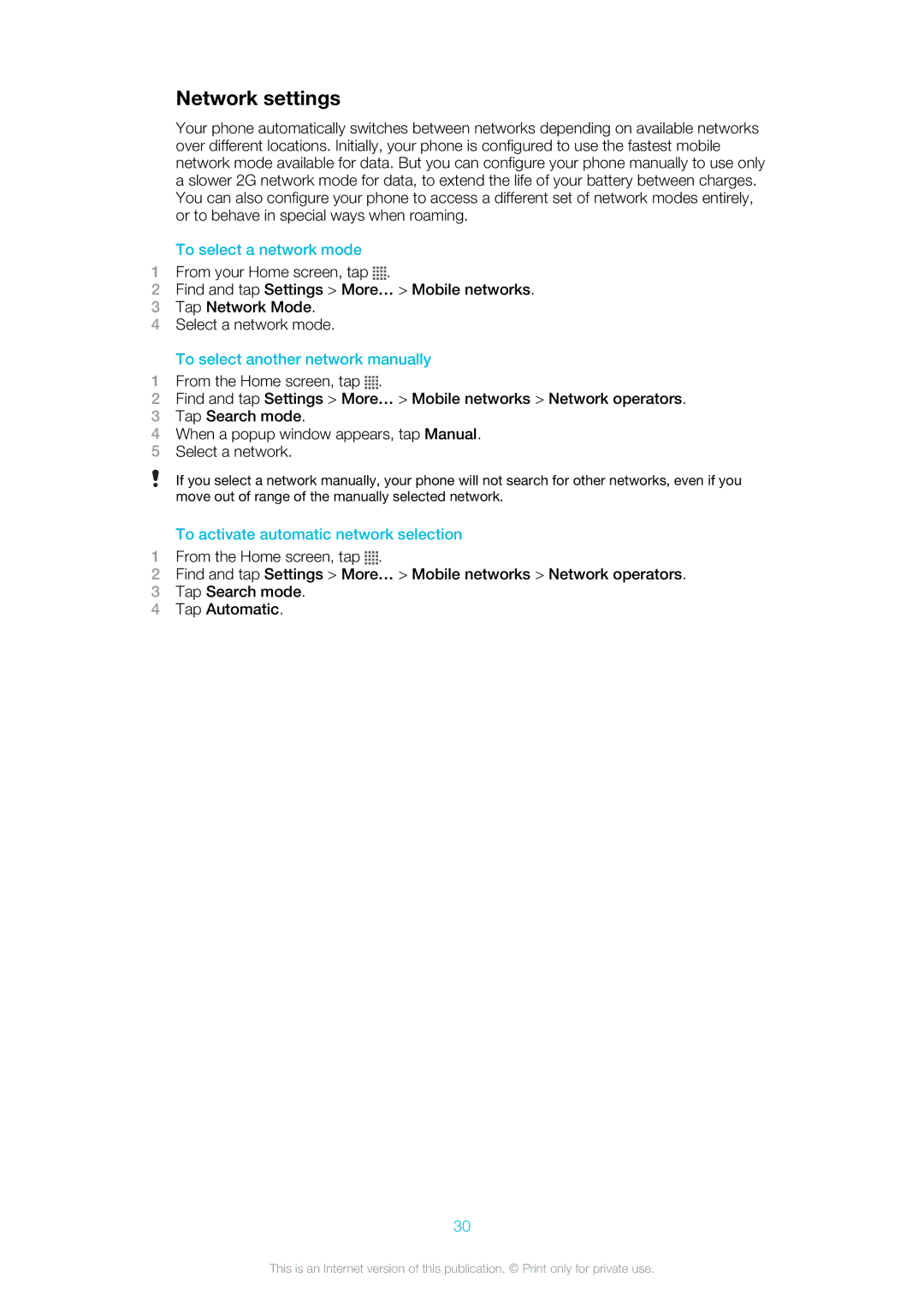 Sony Ericsson ST18i Network settings, To select a network mode, To select another network manually 