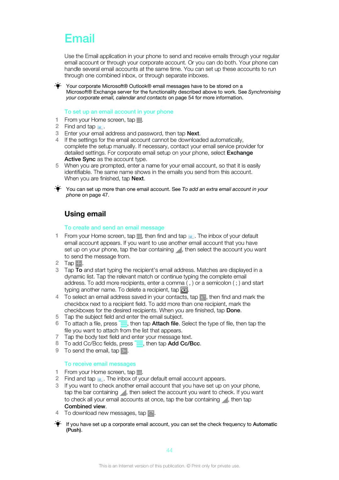 Sony Ericsson ST18i manual Using email, To set up an email account in your phone, To create and send an email message 