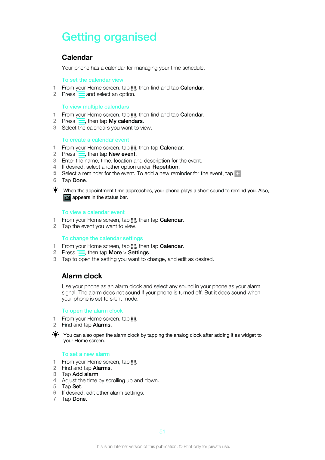 Sony Ericsson ST18i manual Getting organised, Calendar, Alarm clock 