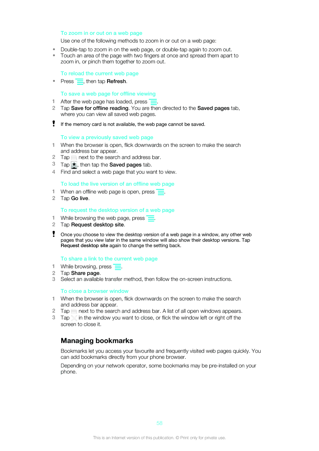 Sony Ericsson ST18i manual Managing bookmarks 