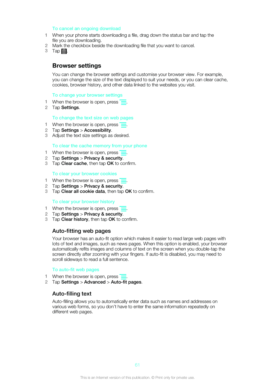 Sony Ericsson ST18i manual Browser settings, Auto-fitting web pages, Auto-filling text 