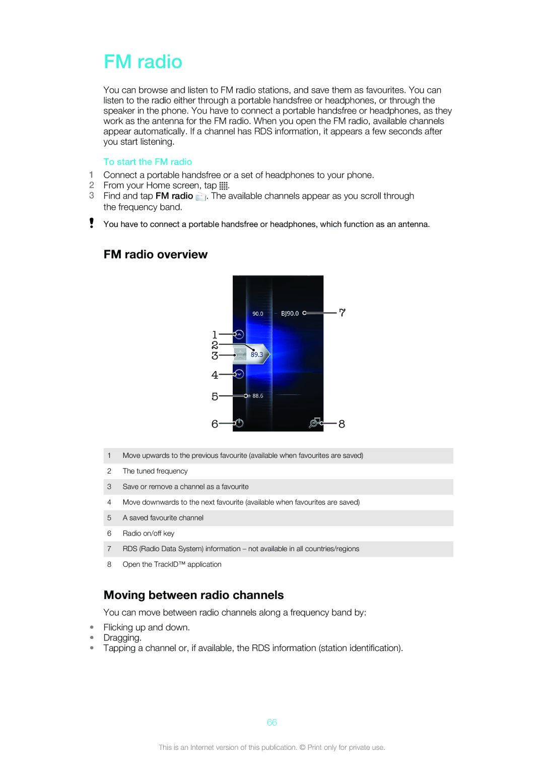 Sony Ericsson ST18i manual FM radio overview, Moving between radio channels, To start the FM radio 