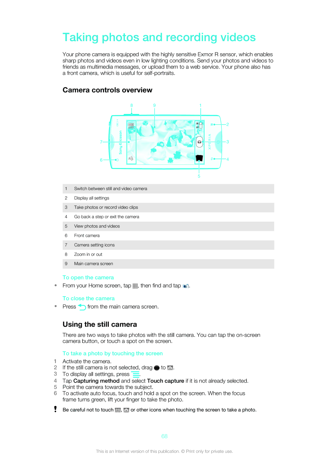 Sony Ericsson ST18i manual Taking photos and recording videos, Camera controls overview, Using the still camera 