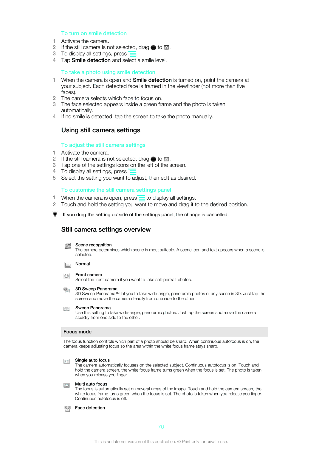 Sony Ericsson ST18i manual Using still camera settings, Still camera settings overview 