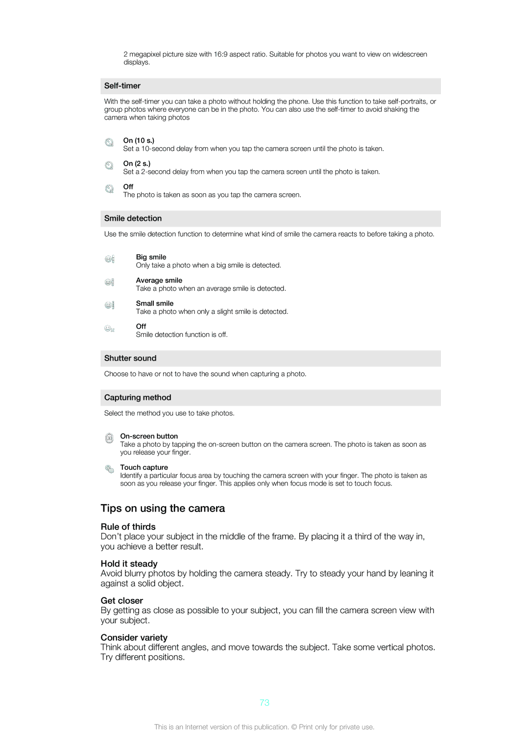 Sony Ericsson ST18i manual Tips on using the camera, Self-timer 