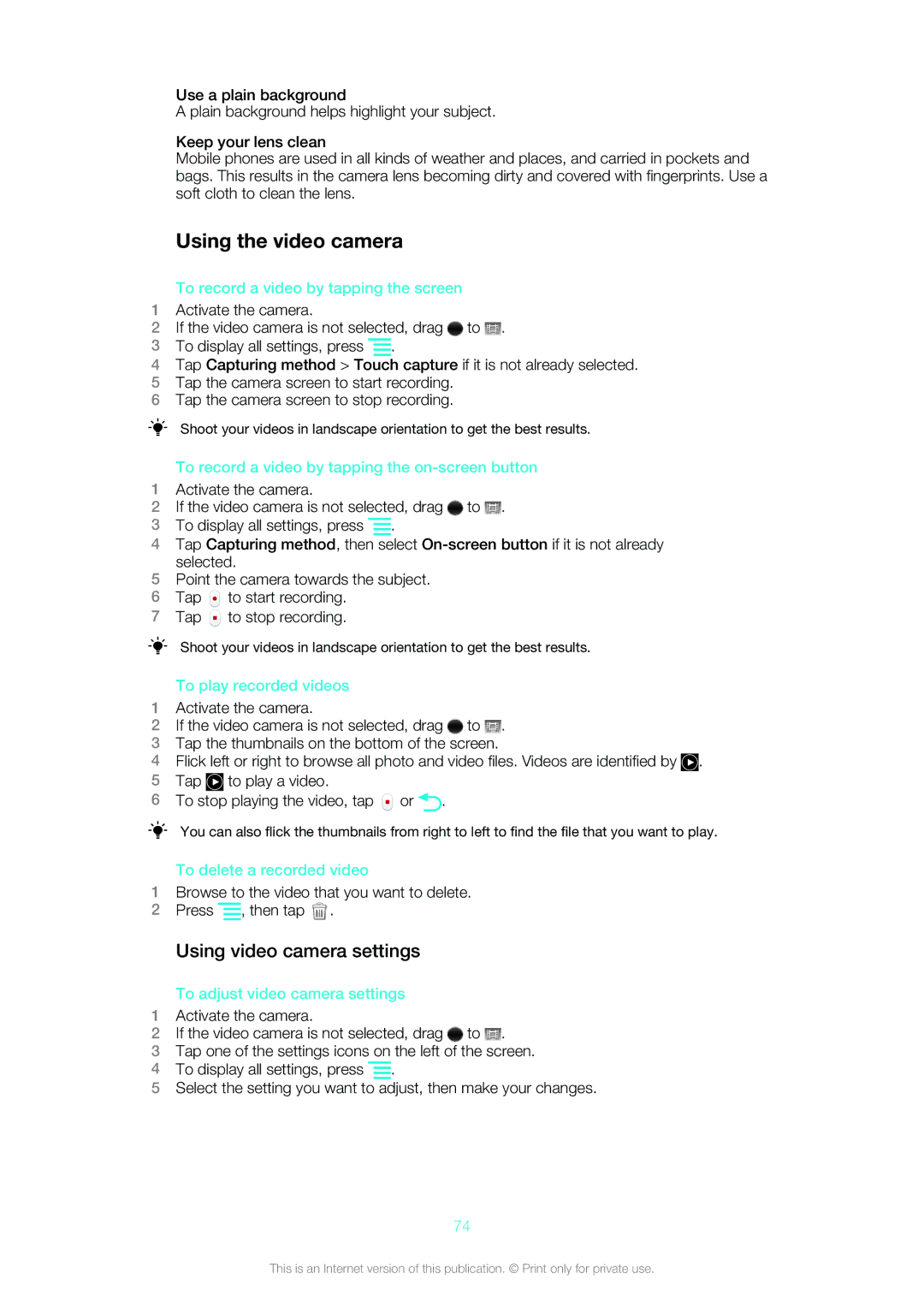 Sony Ericsson ST18i manual Using the video camera, Using video camera settings 