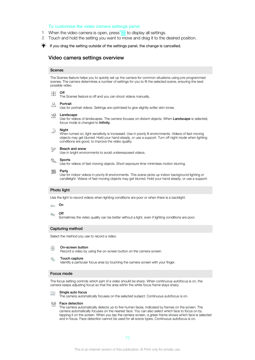 Sony Ericsson ST18i manual Video camera settings overview, To customise the video camera settings panel 