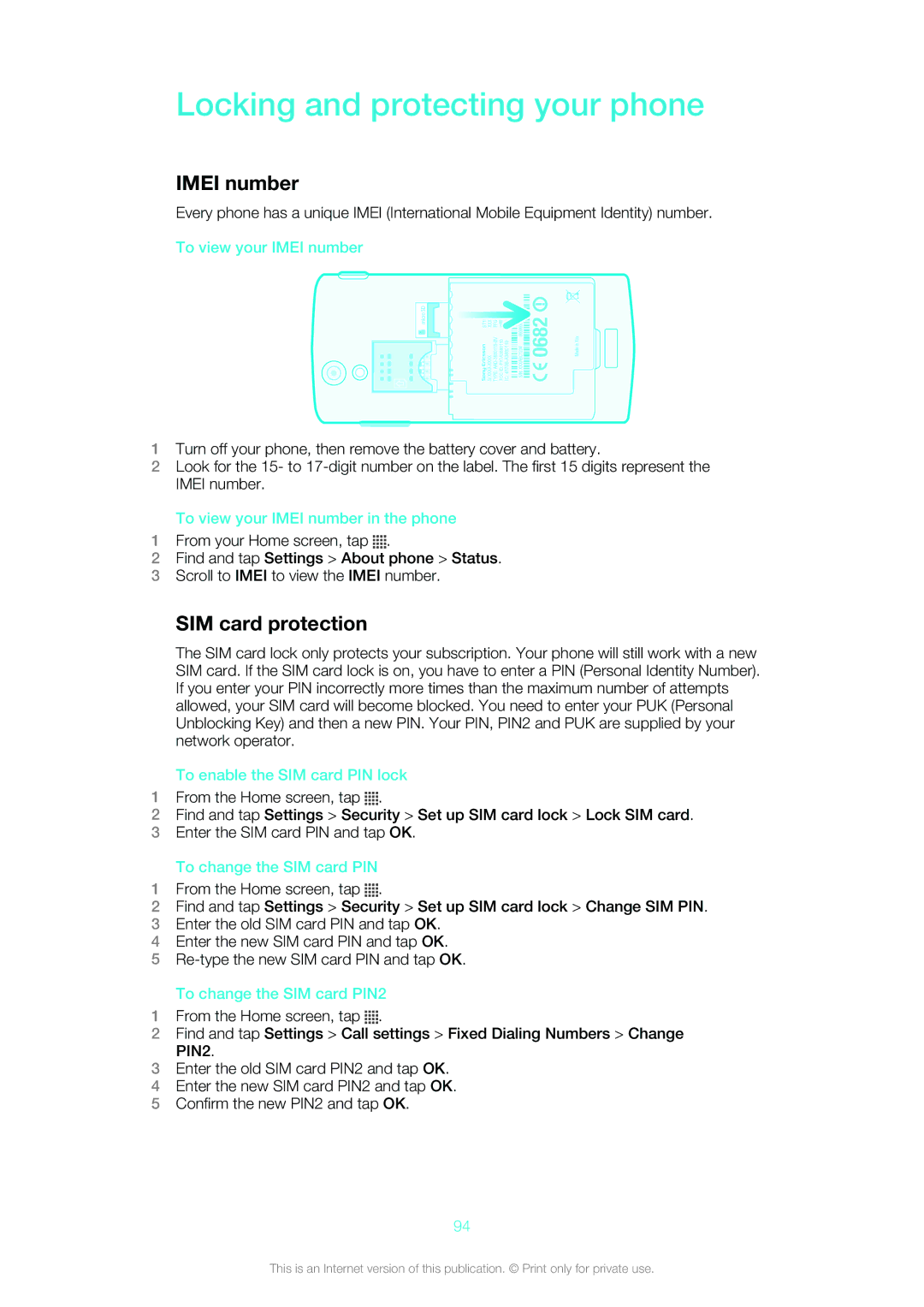 Sony Ericsson ST18i manual Locking and protecting your phone, Imei number, SIM card protection 