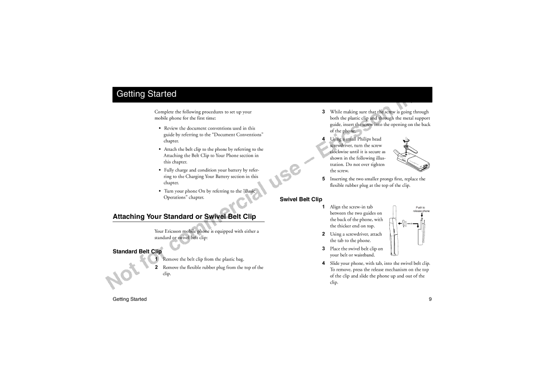 Sony Ericsson T18LX Getting Started, Attaching Your Standard or Swivel Belt Clip, Standard Belt Clip Swivel Belt Clip 