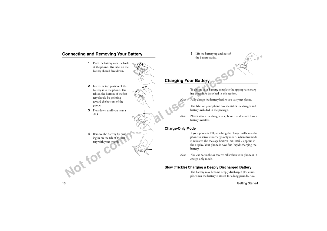 Sony Ericsson T18LX manual Connecting and Removing Your Battery, Charging Your Battery, Charge-Only Mode 