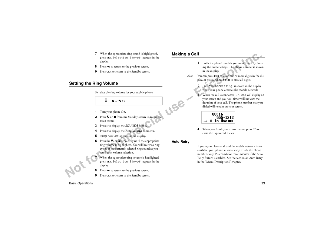 Sony Ericsson T18LX Setting the Ring Volume, Making a Call, Auto Retry, To select the ring volume for your mobile phone 