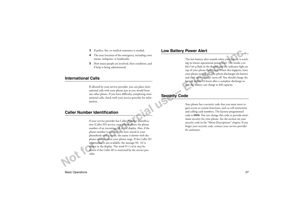 Sony Ericsson T18LX manual International Calls, Caller Number Identification, Low Battery Power Alert, Security Code 