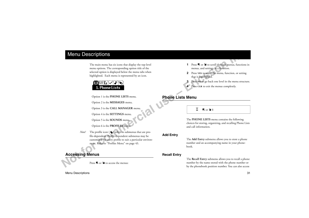 Sony Ericsson T18LX manual Menu Descriptions, Accessing Menus, Phone Lists Menu, Add Entry, Recall Entry 