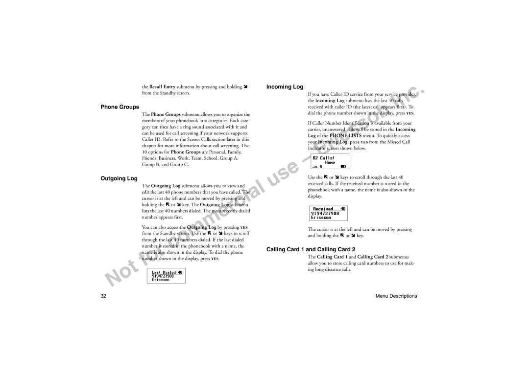 Sony Ericsson T18LX manual Phone Groups, Outgoing Log, Incoming Log, Calling Card 1 and Calling Card 