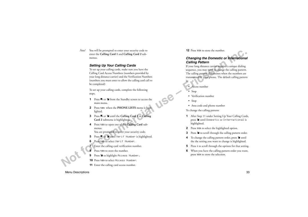 Sony Ericsson T18LX manual Setting Up Your Calling Cards, Changing the Domestic or International Calling Pattern 