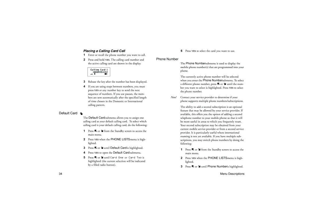 Sony Ericsson T18LX manual Placing a Calling Card Call, Default Card, Phone Number 