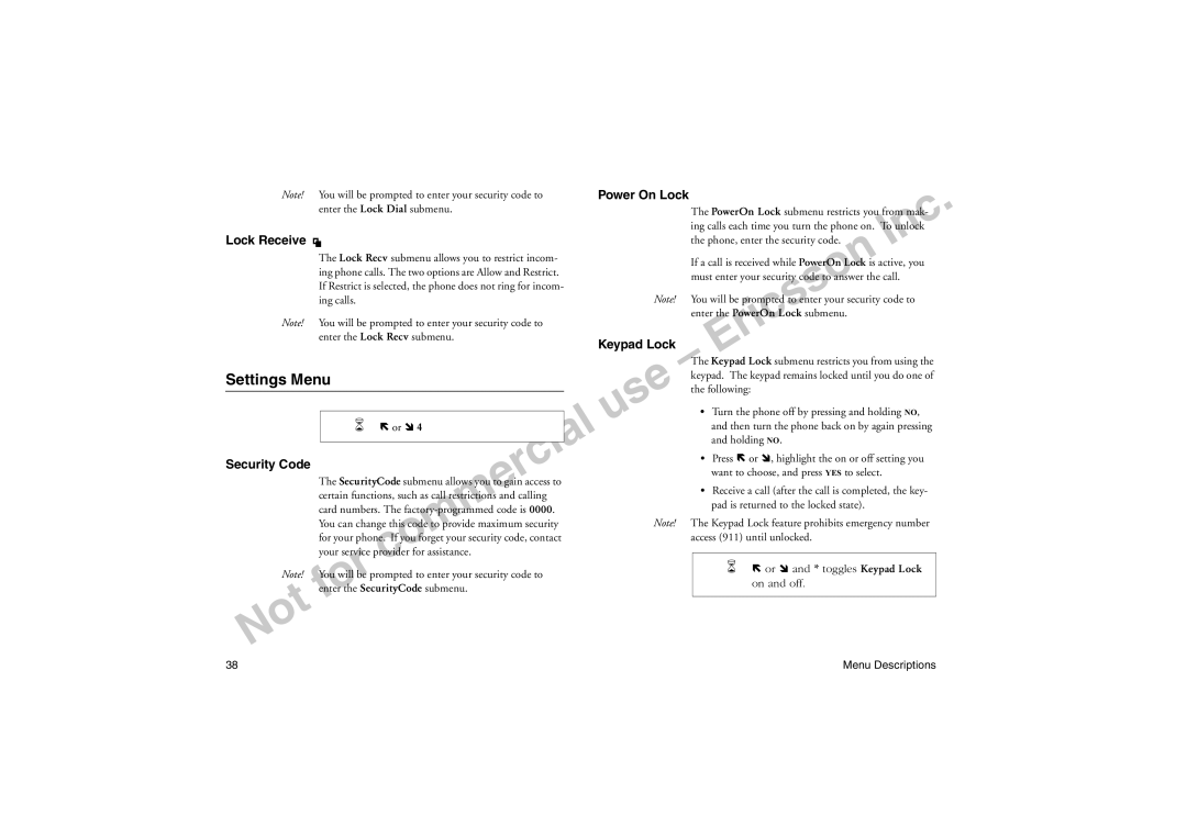 Sony Ericsson T18LX manual Settings Menu, Lock Receive, Security Code, Power On Lock, Keypad Lock 