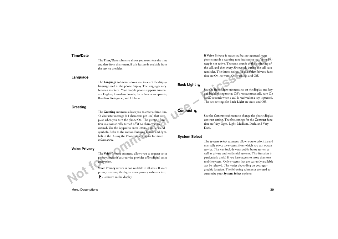 Sony Ericsson T18LX manual Time/Date, Language, Greeting, Voice Privacy, Back Light, Contrast, System Select 