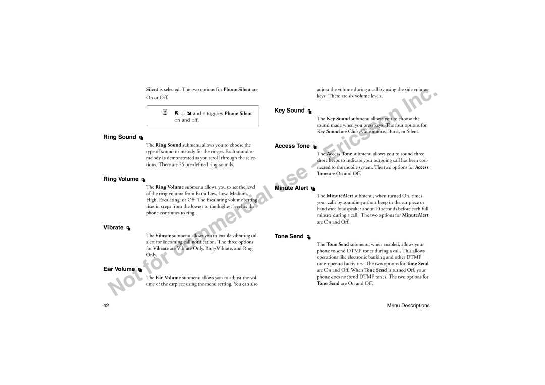 Sony Ericsson T18LX manual Ring Sound, Ring Volume, Vibrate, Ear Volume, Key Sound, Access Tone, Minute Alert, Tone Send 