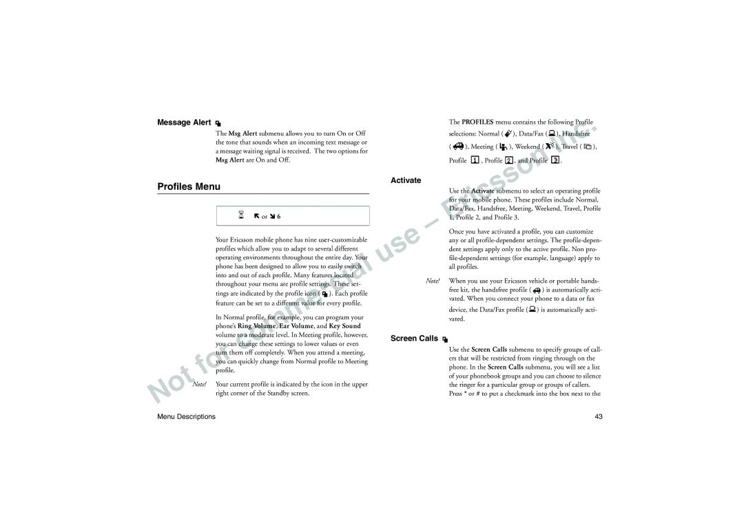 Sony Ericsson T18LX manual Profiles Menu, Message Alert, Activate, Screen Calls 