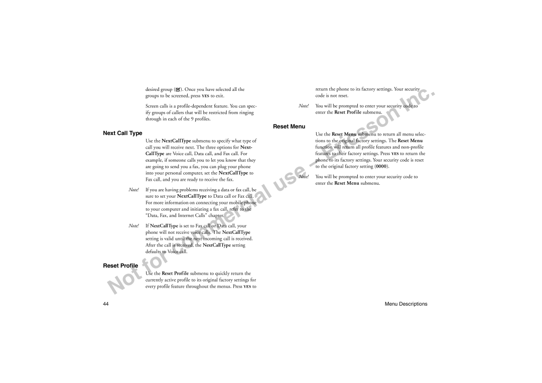 Sony Ericsson T18LX manual Next Call Type, Reset Profile, Reset Menu 