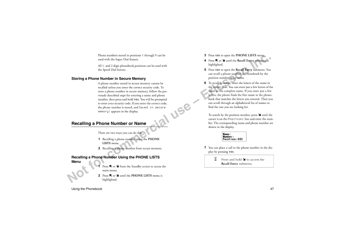 Sony Ericsson T18LX manual Recalling a Phone Number or Name, Storing a Phone Number in Secure Memory 