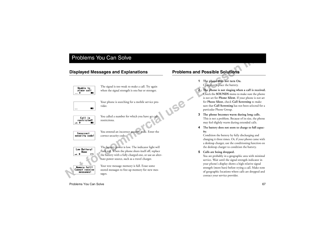 Sony Ericsson T18LX manual Problems You Can Solve, Displayed Messages and Explanations, Problems and Possible Solutions 