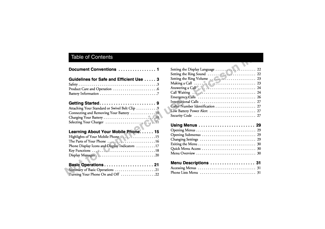 Sony Ericsson T18LX manual Table of Contents, Document Conventions Guidelines for Safe and Efficient Use, Getting Started 