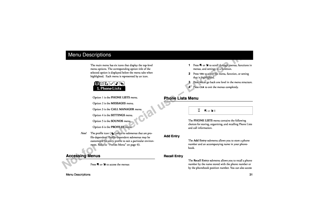 Sony Ericsson T18LX manual Menu Descriptions, Accessing Menus, Phone Lists Menu, Add Entry, Recall Entry 