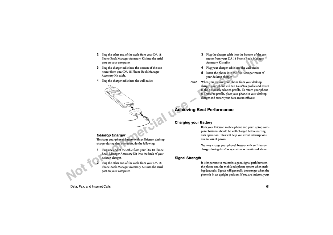 Sony Ericsson T18LX manual Ericsson, Achieving Best Performance, Desktop Charger, Charging your Battery, Signal Strength 