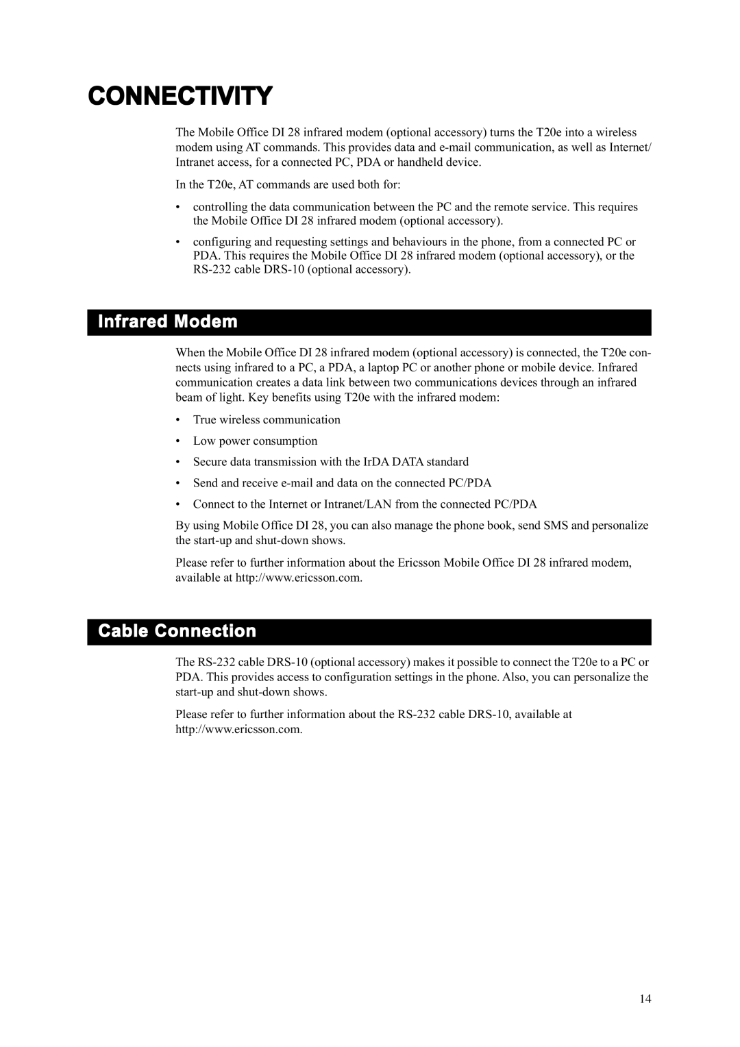 Sony Ericsson T20e manual Connectivity, Infrared Modem, Cable Connection 