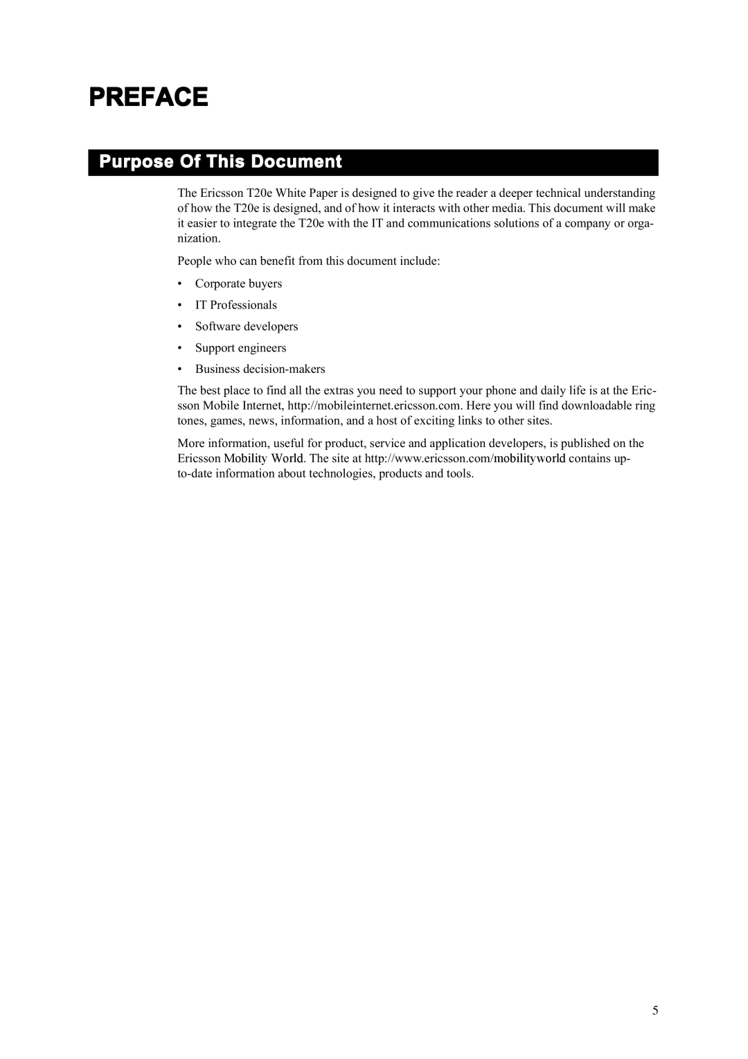 Sony Ericsson T20e manual Preface, Purpose Of This Document 