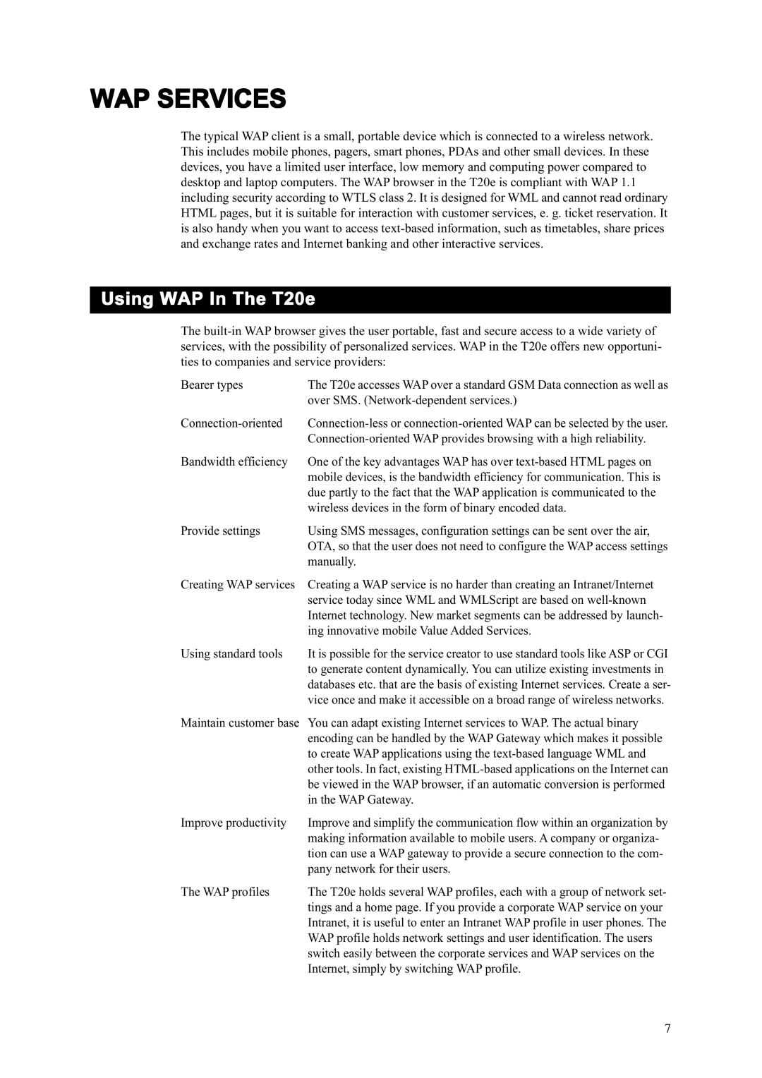 Sony Ericsson manual WAP Services, Using WAP In The T20e 