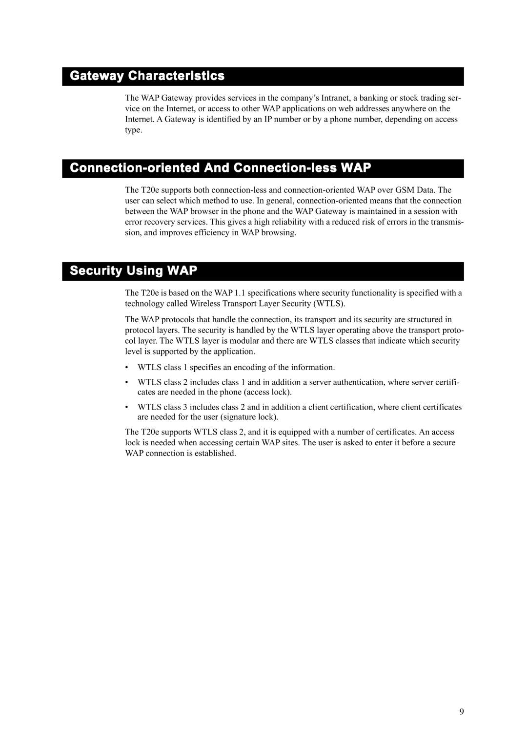 Sony Ericsson T20e manual Gateway Characteristics, Connection-oriented And Connection-less WAP, Security Using WAP 