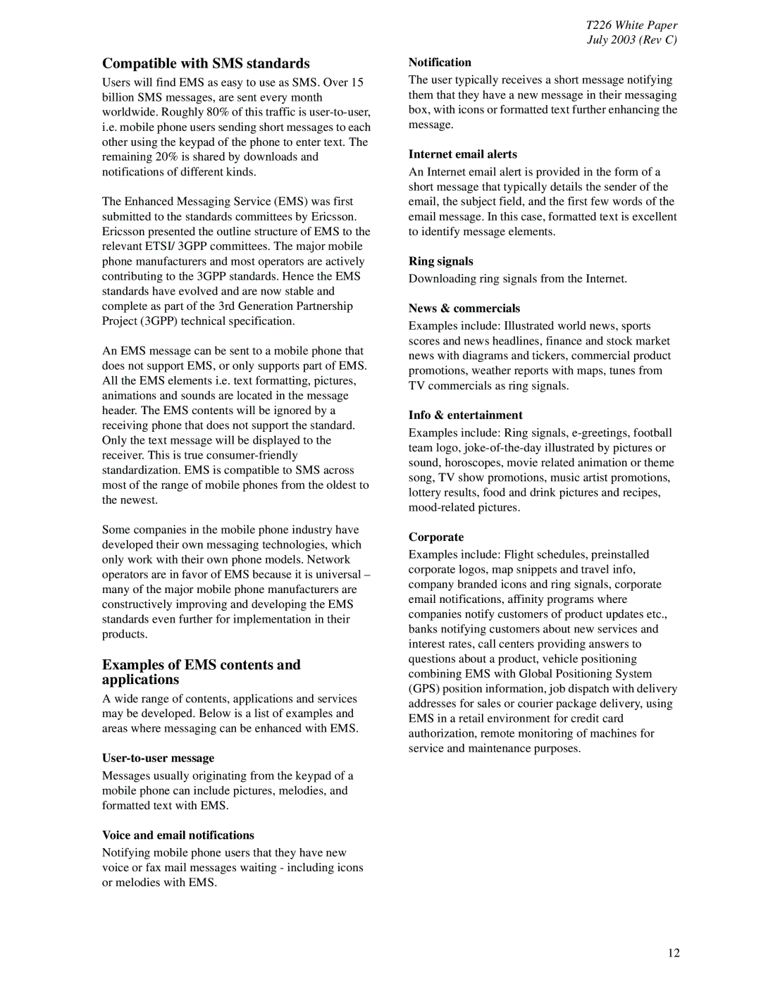 Sony Ericsson T226 manual Compatible with SMS standards, Examples of EMS contents and applications 