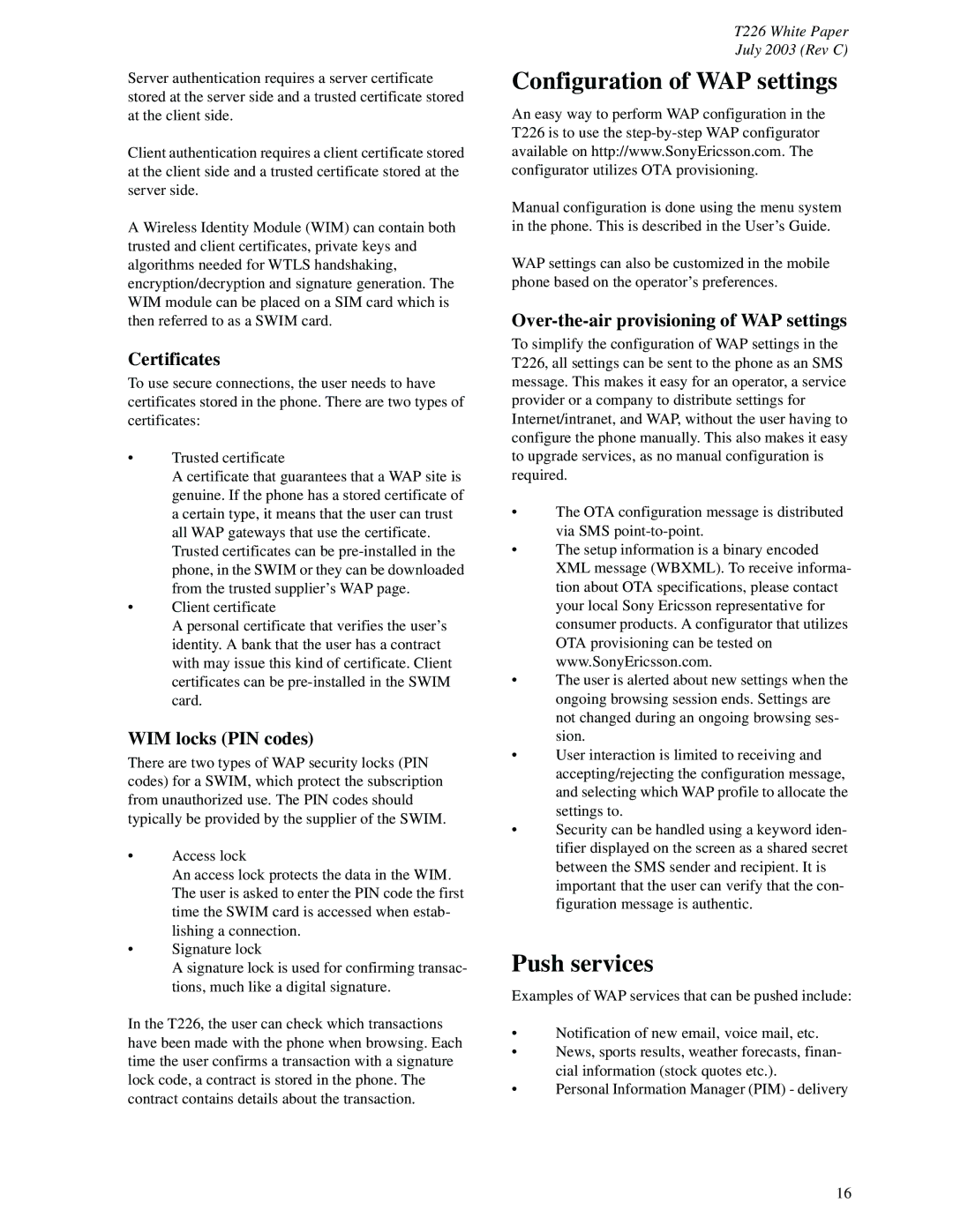 Sony Ericsson T226 manual Configuration of WAP settings, Push services, Certificates, WIM locks PIN codes 