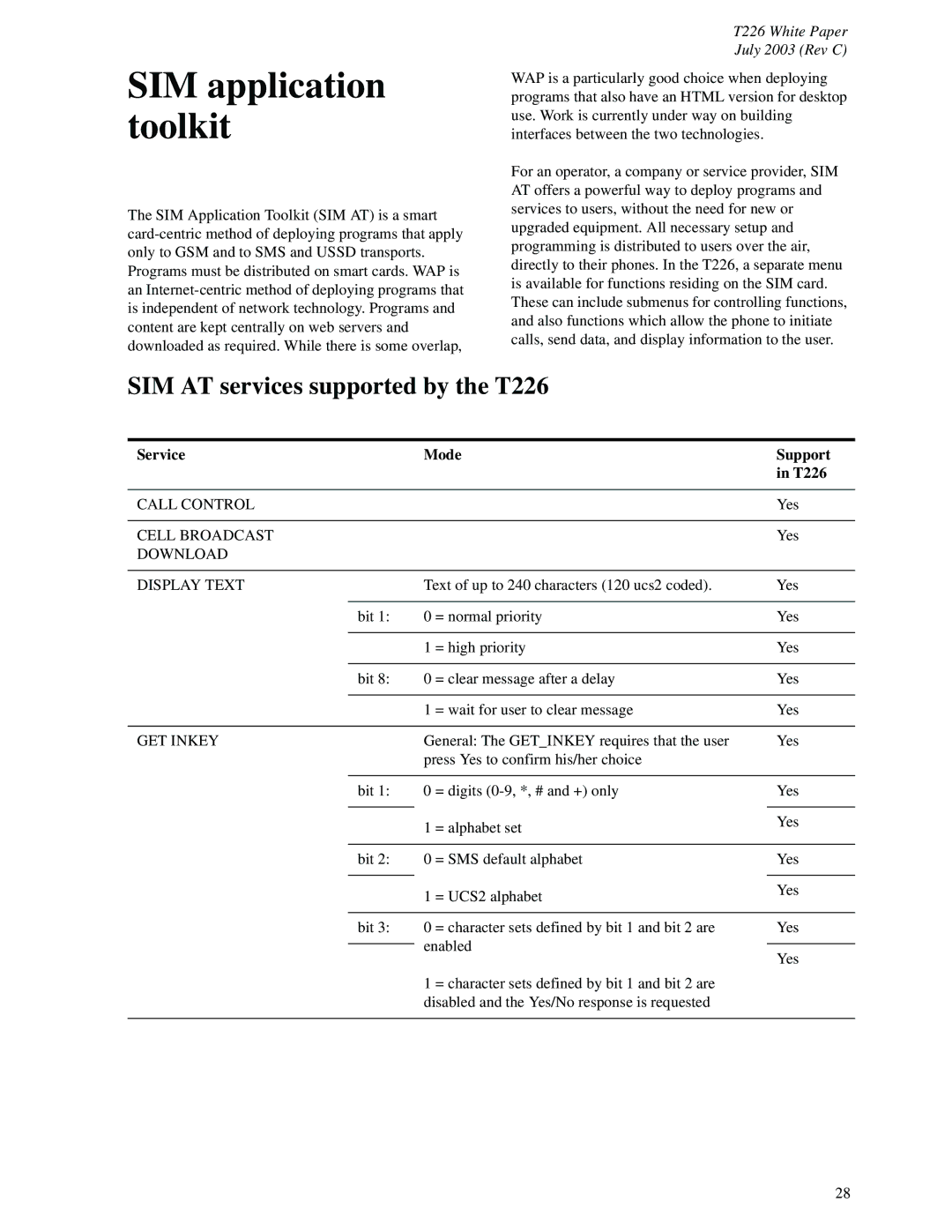 Sony Ericsson manual SIM application toolkit, SIM AT services supported by the T226, Service Mode Support T226 