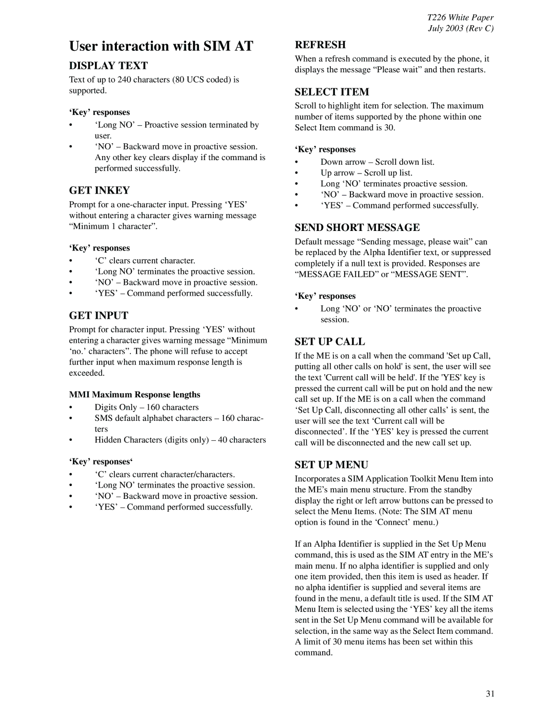 Sony Ericsson T226 manual User interaction with SIM AT, MMI Maximum Response lengths, ‘Key’ responses‘ 