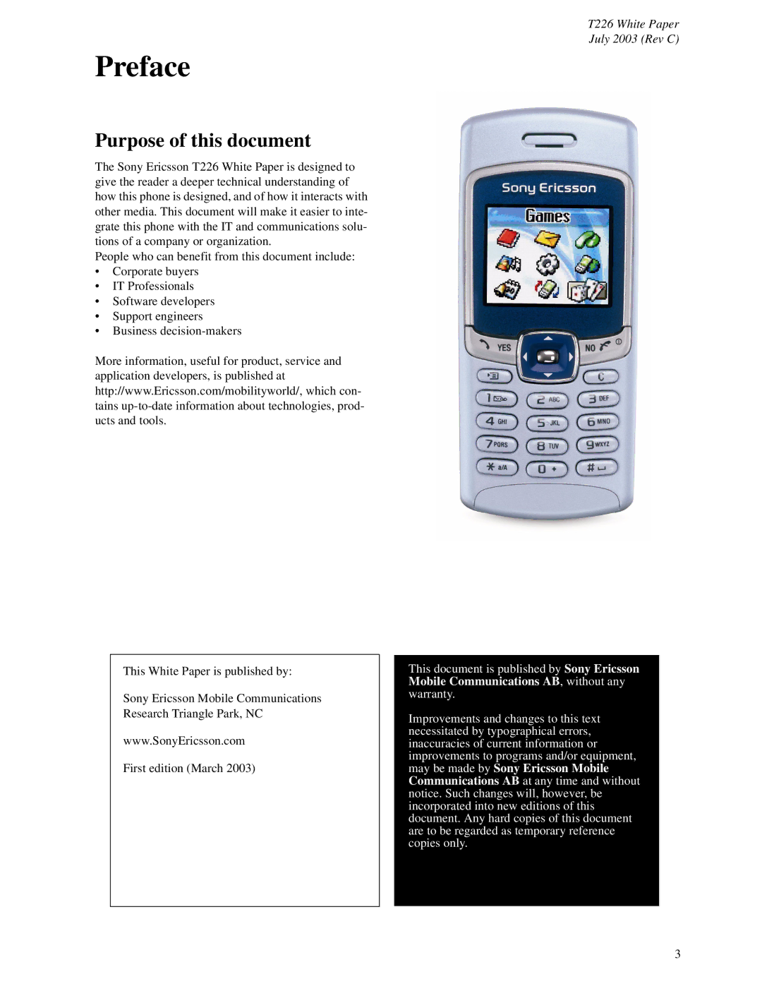 Sony Ericsson T226 manual Preface, Purpose of this document 