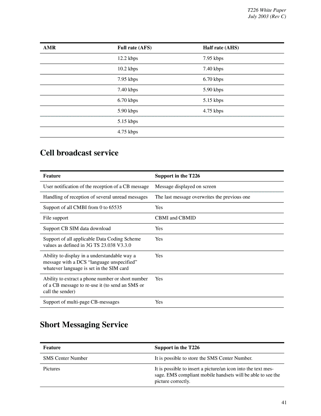 Sony Ericsson T226 manual Cell broadcast service, Short Messaging Service, Full rate AFS Half rate AHS 