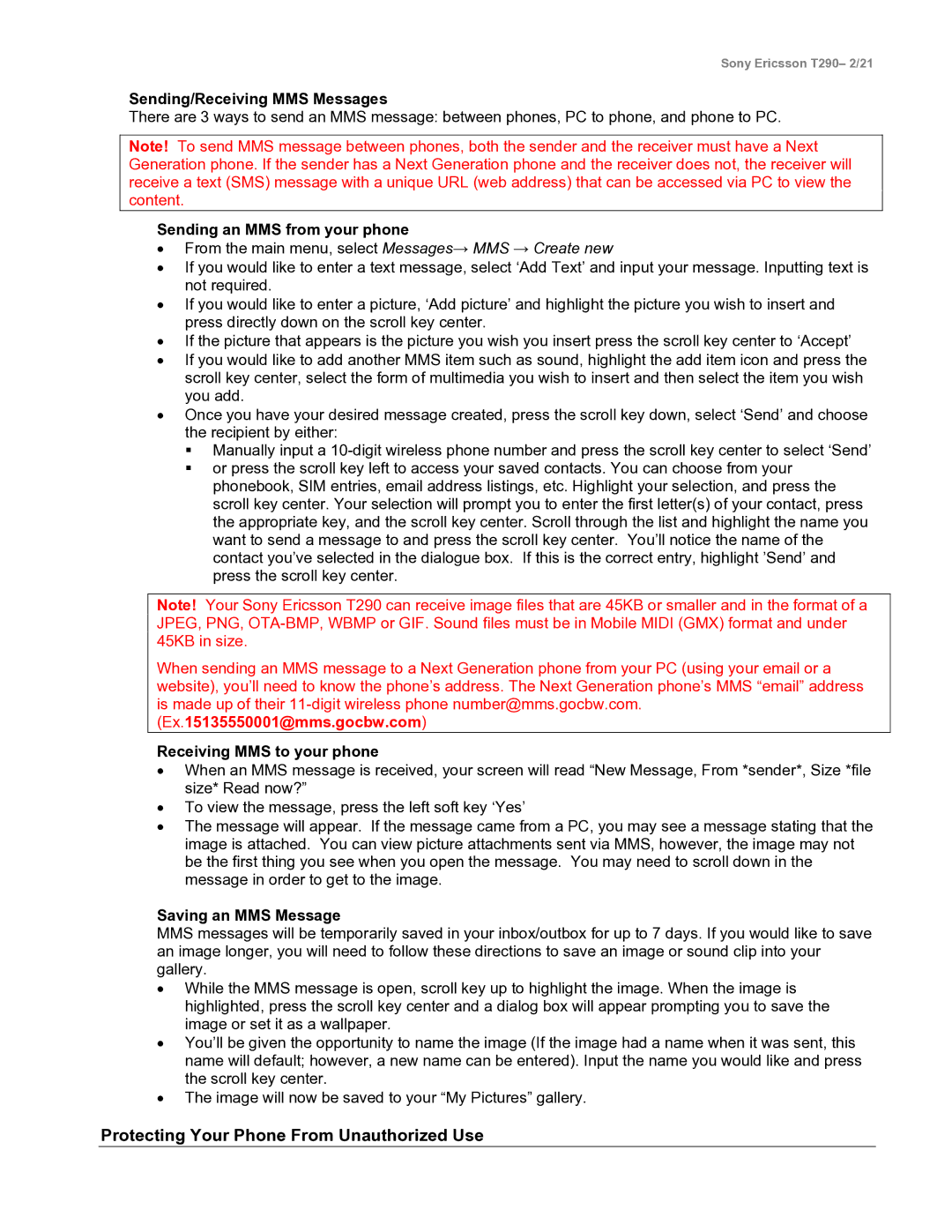 Sony Ericsson T290 Protecting Your Phone From Unauthorized Use, Sending/Receiving MMS Messages, Saving an MMS Message 