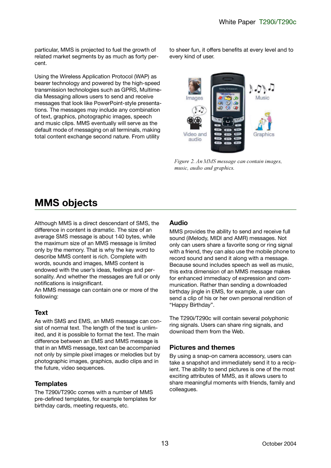 Sony Ericsson T290i, T290c manual MMS objects, Text, Templates, Pictures and themes 