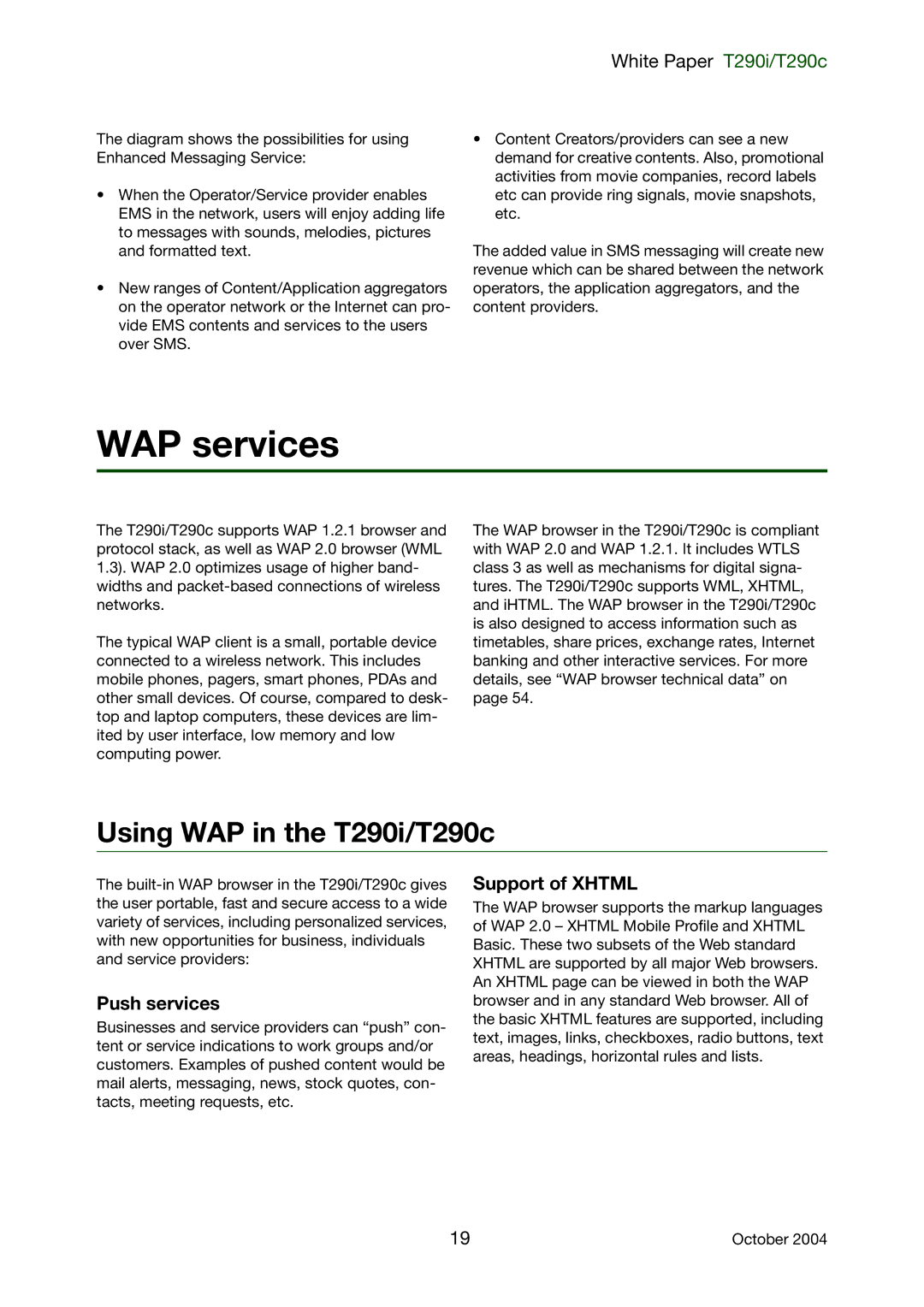 Sony Ericsson manual WAP services, Using WAP in the T290i/T290c, Push services, Support of Xhtml 